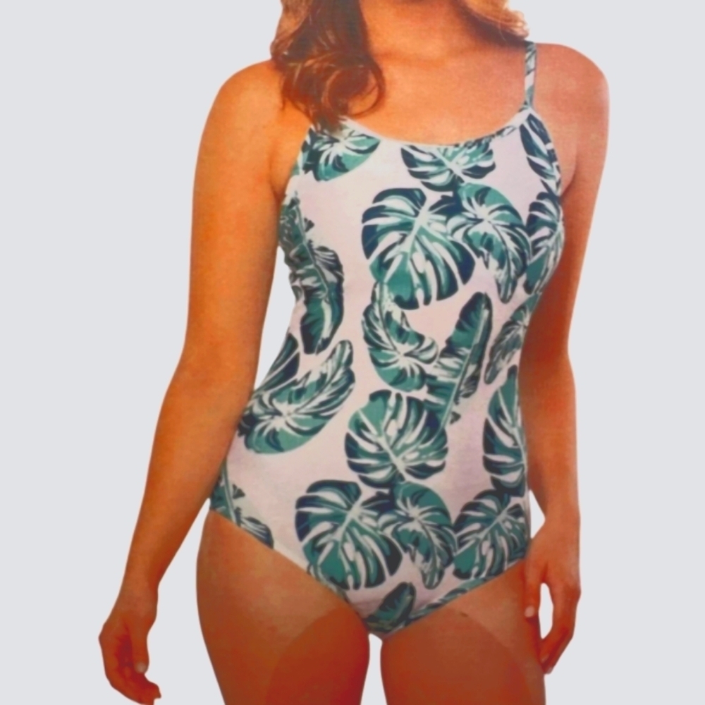 Crane Womens Plus Size Green & White Tropical Leaf One Piece Swimsuit Size XXL